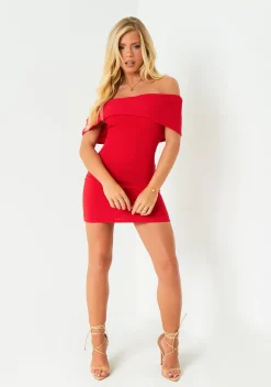 Mini Dresses|Party Dresses*Missy Empire Joanna Red Textured Bardot Mini Dress