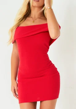 Mini Dresses|Party Dresses*Missy Empire Joanna Red Textured Bardot Mini Dress