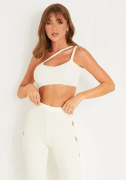 Rave Outfits|Airport Vibin'*Missy Empire Jordynn Cream Knitted One Shoulder Crop Top