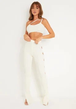Rave Outfits|Airport Vibin'*Missy Empire Jordynn Cream Knitted One Shoulder Crop Top