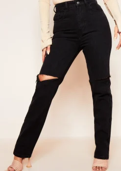 Jeans|Denim*Missy Empire Kady Slashed Knee Straight Leg Jeans Black