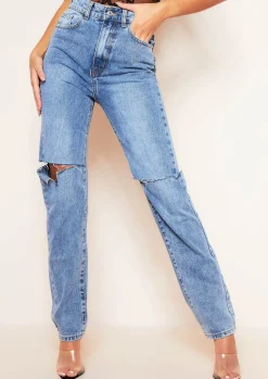 Jeans|Denim*Missy Empire Kady Dark Mid Wash Slashed Knee Straight Leg Jeans Blue