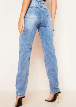 Jeans|Denim*Missy Empire Kady Dark Mid Wash Slashed Knee Straight Leg Jeans Blue