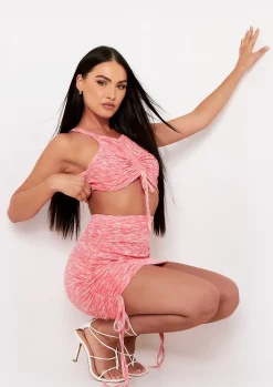 Tops*Missy Empire Kaisley Marl Ribbed Racer Ruched Front Strappy Crop Top Orange