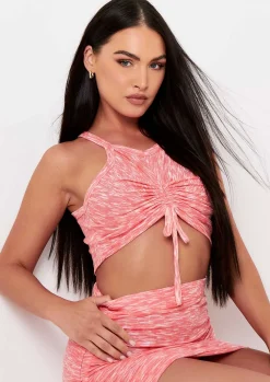 Tops*Missy Empire Kaisley Marl Ribbed Racer Ruched Front Strappy Crop Top Orange