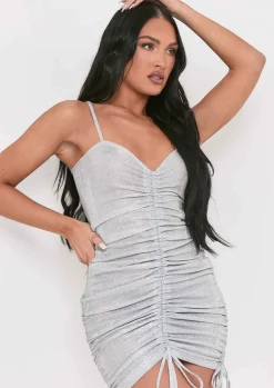 The Party Edit|Mini Dresses*Missy Empire Kalia Silver Glitter Ruched Mini Dress