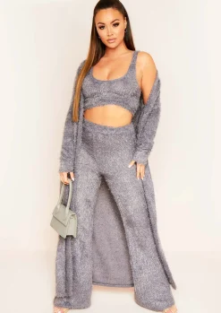 Loungewear|Knitwear*Missy Empire Kara Fluffy Knit Pocket Front Maxi Cardigan Grey