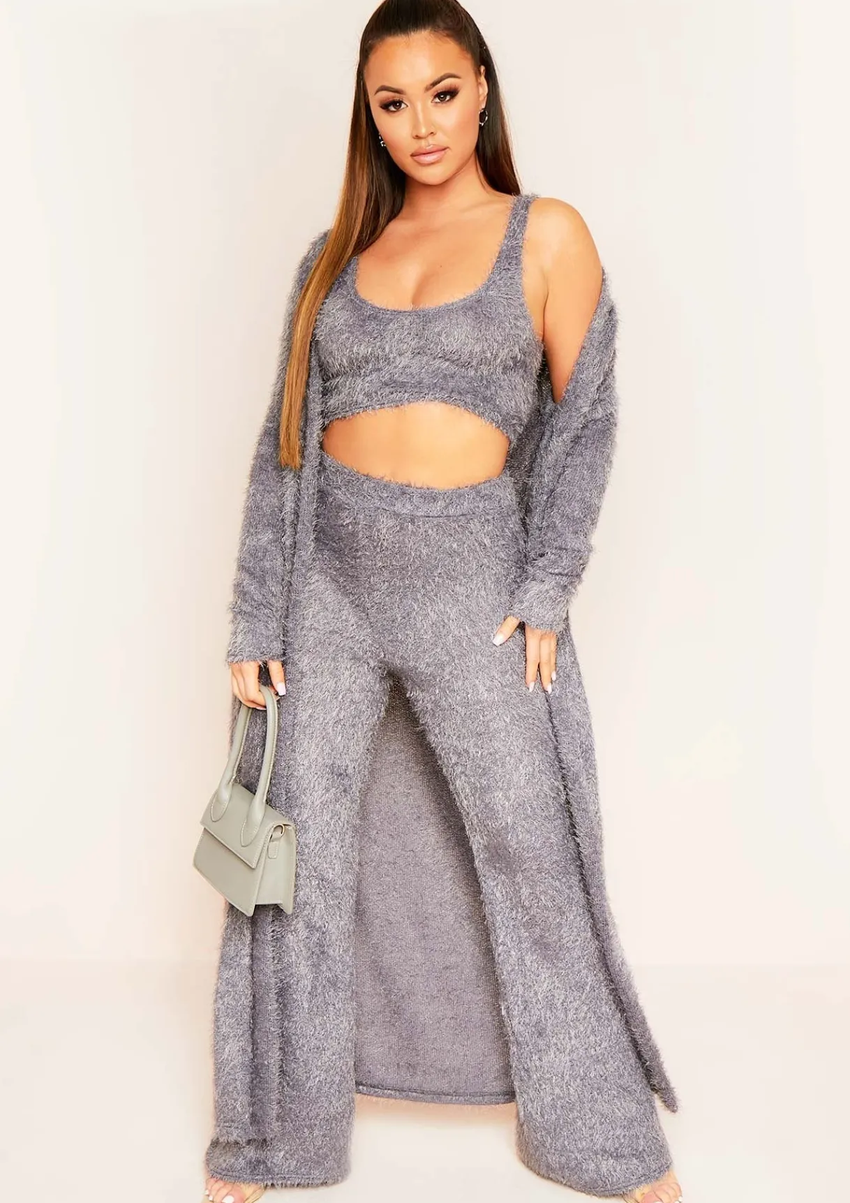 Loungewear|Knitwear*Missy Empire Kara Fluffy Knit Pocket Front Maxi Cardigan Grey
