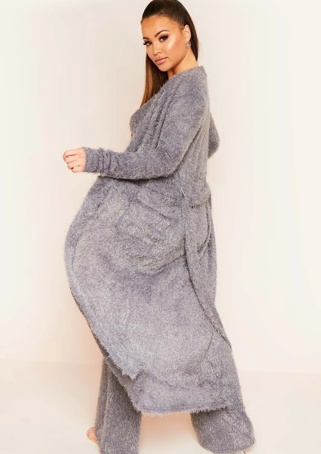 Loungewear|Knitwear*Missy Empire Kara Fluffy Knit Pocket Front Maxi Cardigan Grey