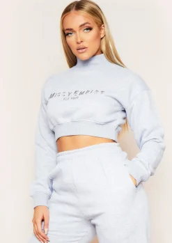 Airport Vibin'|Loungewear*Missy Empire Kara High Neck Embroidered Cropped Sweatshirt Grey