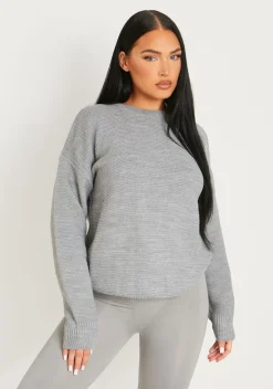 Knitwear*Missy Empire Kara Grey Ribbed Loose Fit Knitted Crew Neck Jumper