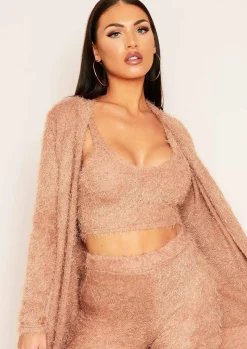 Co-Ords*Missy Empire Kara Fluffy Knit Pocket Front Maxi Cardigan Tan