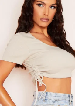 Airport Vibin'|Tops*Missy Empire Karin Ruched Side Crop Ribbed T-Shirt Beige