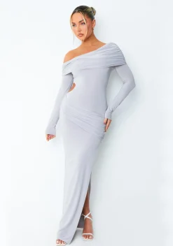 Long Sleeve Dresses|Slip Dresses*Missy Empire Kate Grey Off The Shoulder Fold Over Cut Out Maxi Dress