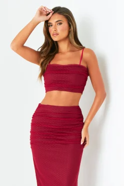 The Party Edit|Tops*Missy Empire Katy Wine Spot Mesh Crop Top