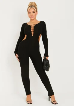 Knitwear|Jumpsuits & Playsuits*Missy Empire Katya Knitted Black Long Sleeve Cut Out Side Jumpsuit