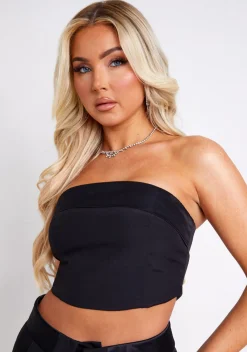 The Party Edit|Tops*Missy Empire Kaysie Satin Fold Over Bandeau Top Black