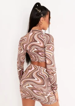 Rave Outfits|Tops*Missy Empire Keeley Swirl Print Cut Out Long Sleeve Crop Top Brown