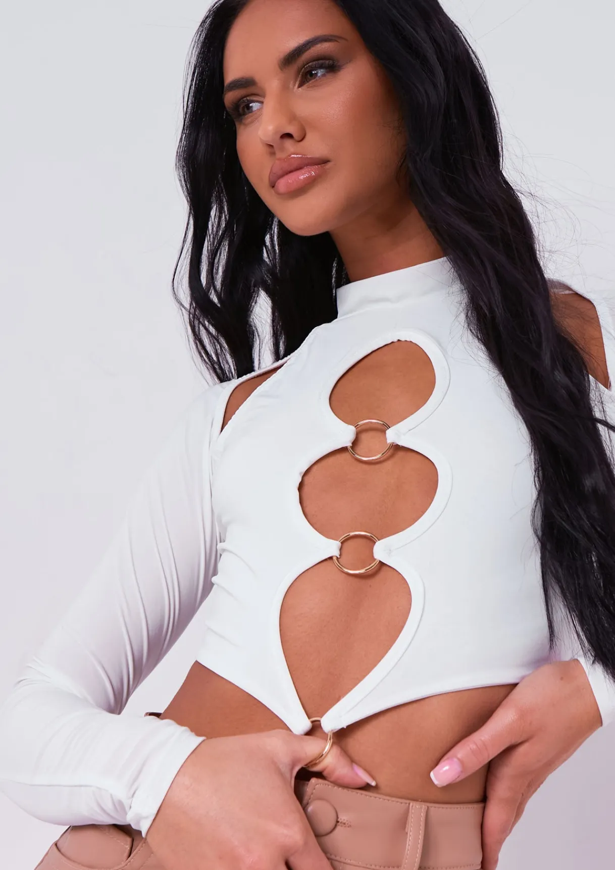 Tops*Missy Empire Keeley Cut Out Long Sleeve Crop Top White