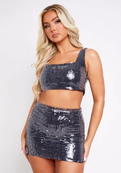The Party Edit|Tops*Missy Empire Kendra Black Square Sequin Crop Top
