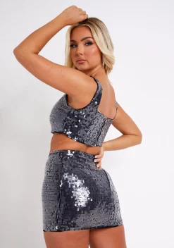 The Party Edit|Tops*Missy Empire Kendra Black Square Sequin Crop Top
