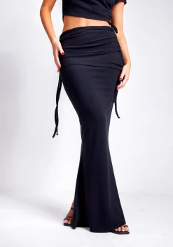 Concert Outfits|The Party Edit*Missy Empire Kianne Black Ruched Fold Over Maxi Skirt