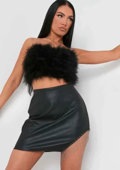 Tops*Missy Empire Kiely Faux Feather Bandeau Crop Top Black