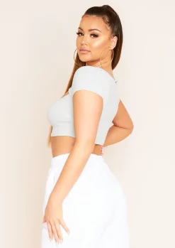 Tops*Missy Empire Kiely Cut Out Cap Sleeve Ribbed Crop Top Light Grey