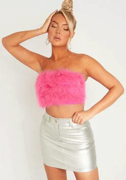 Rave Outfits|Concert Outfits*Missy Empire Kiely Feather Bandeau Crop Top Pink
