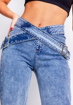 Concert Outfits|Jeans*Missy Empire Kiki Blue Light Wash Denim Cross Over Belt Straight Leg Jeans