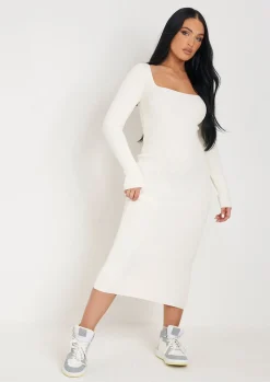 Long Sleeve Dresses|Knitted Dresses*Missy Empire Kim Knit Square Neck Long Sleeve Midi Dress Cream