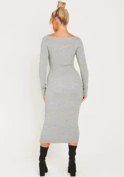 Knitted Dresses|Midi Dresses*Missy Empire Kim Knit Square Neck Long Sleeve Midi Dress Light Grey