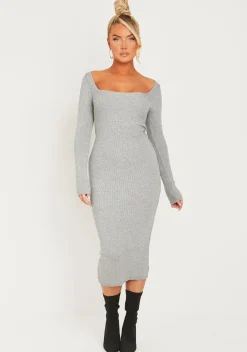 Knitted Dresses|Midi Dresses*Missy Empire Kim Knit Square Neck Long Sleeve Midi Dress Light Grey