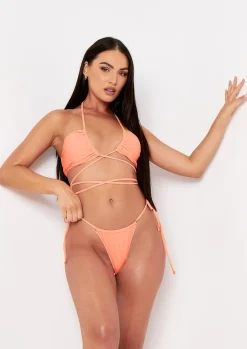 Swimwear|Beachwear*Missy Empire Kiran Coral Halterneck Cross Strap Bikini Top