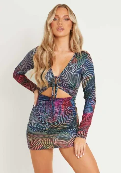 Long Sleeve Dresses|Mini Dresses*Missy Empire Klyah Multi Abstract Print Long Sleeve Cross Front Mini Dress