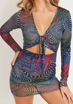 Long Sleeve Dresses|Mini Dresses*Missy Empire Klyah Multi Abstract Print Long Sleeve Cross Front Mini Dress
