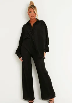 Trousers*Missy Empire Kori Black Plisse Straight Leg Trouser