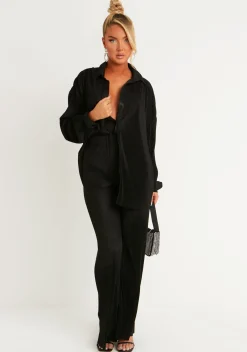 Trousers*Missy Empire Kori Black Plisse Straight Leg Trouser