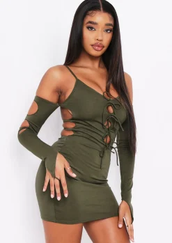 Mini Dresses|Party Dresses*Missy Empire Lalie Khaki Cut Out Tie Mini Dress