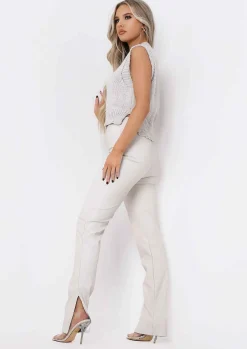 Trousers*Missy Empire Laura Croc Split Hem Leather Trousers Cream