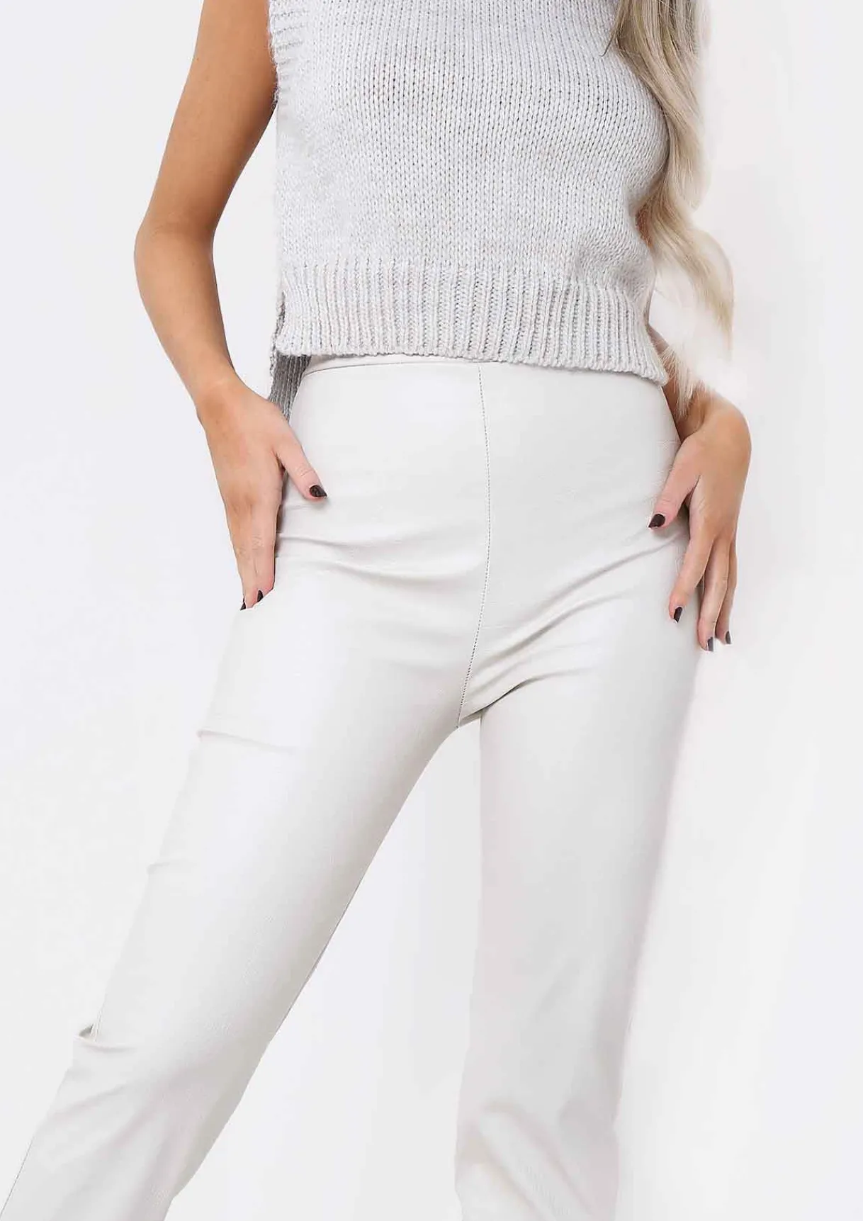 Trousers*Missy Empire Laura Croc Split Hem Leather Trousers Cream
