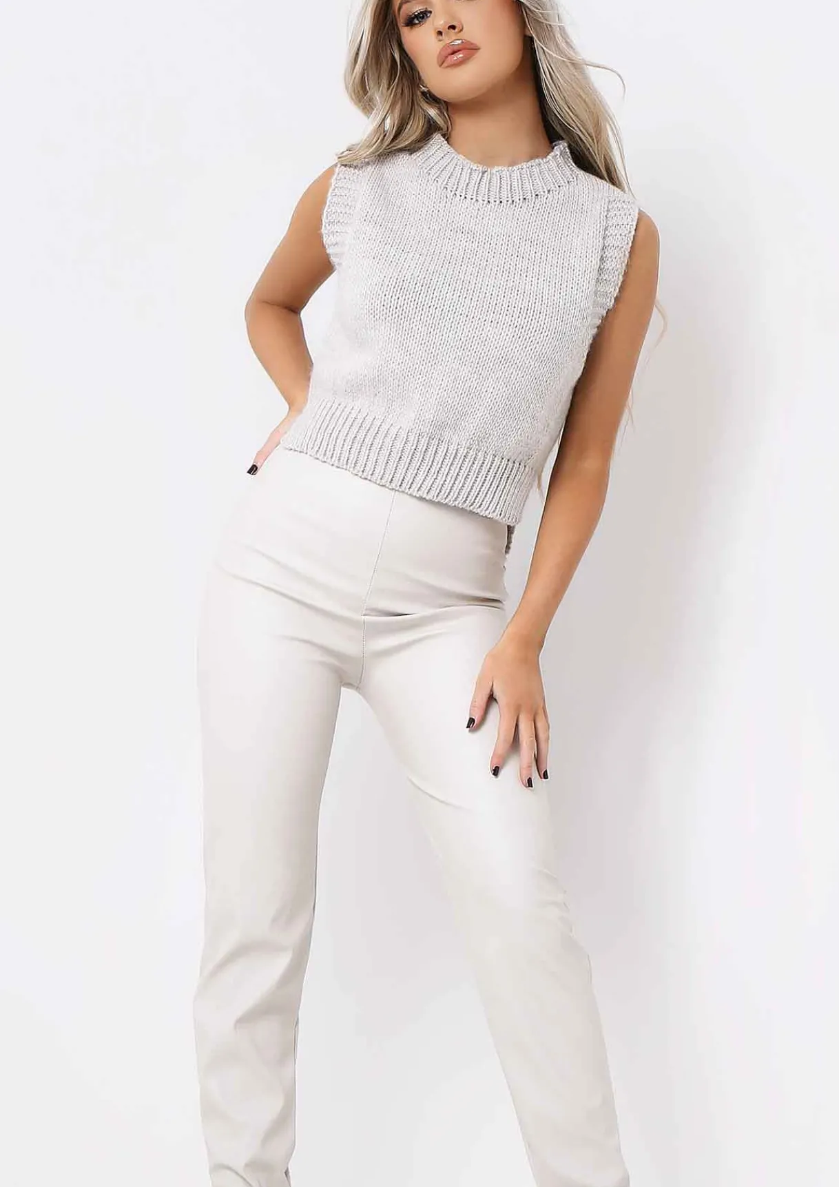 Trousers*Missy Empire Laura Croc Split Hem Leather Trousers Cream