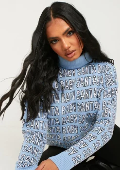 Knitwear*Missy Empire Lauri Blue Knitted 'Santa Baby' High Neck Jumper