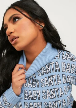 Knitwear*Missy Empire Lauri Blue Knitted 'Santa Baby' High Neck Jumper