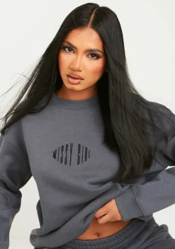 Airport Vibin'|Tracksuits*Missy Empire Leah Charcoal Missy Girl Embroidered Oversized Sweatshirt
