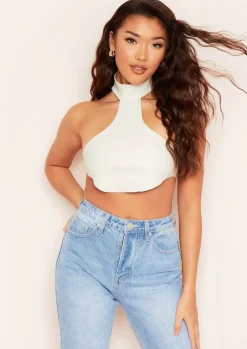 Tops*Missy Empire Lean Ivory PU Halterneck Croc Print Curved Hem Crop Top