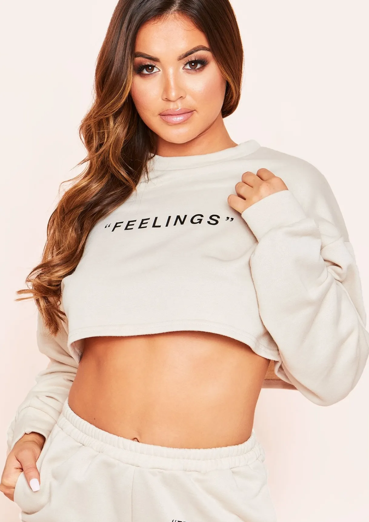 Airport Vibin'|Loungewear*Missy Empire Leandra "Feelings" Slogan Cropped Sweatshirt Beige