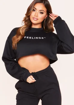 Airport Vibin'|Loungewear*Missy Empire Leandra Feelings Slogan Cropped Sweatshirt Black
