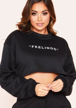 Airport Vibin'|Loungewear*Missy Empire Leandra Feelings Slogan Cropped Sweatshirt Black