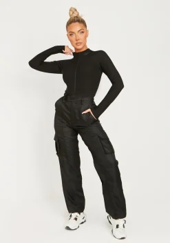 Tops|Bodysuits*Missy Empire Lexi Black Disco Zip Through Long Sleeve Bodysuit
